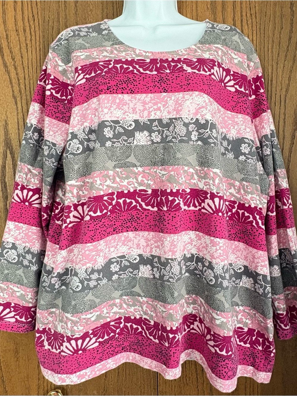 CJ Banks Pink & Gray Striped Floral Pullover Sweatshirt